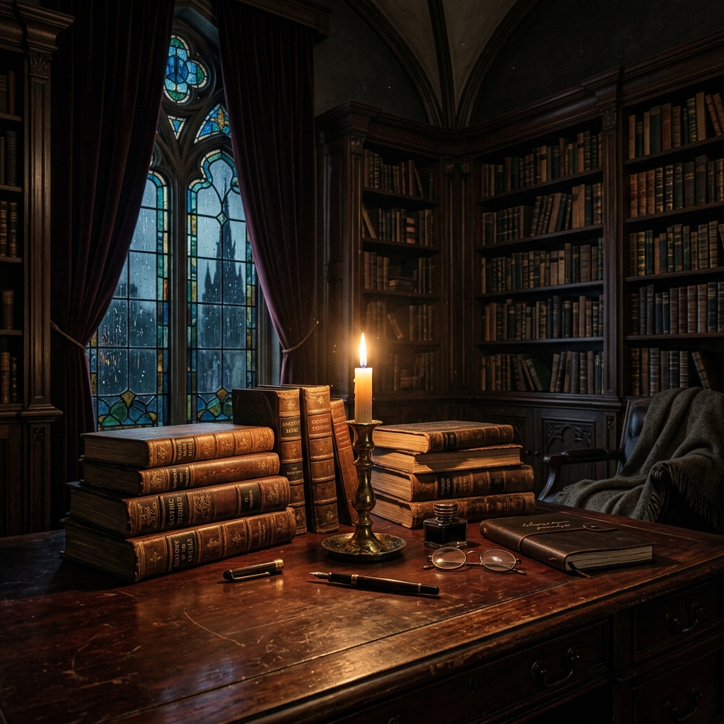 A moody dark academia photograph of an antique mahogany desk with leather-bound books, a burning candle casting warm light, and a gothic stained-glass window with rain in the background.